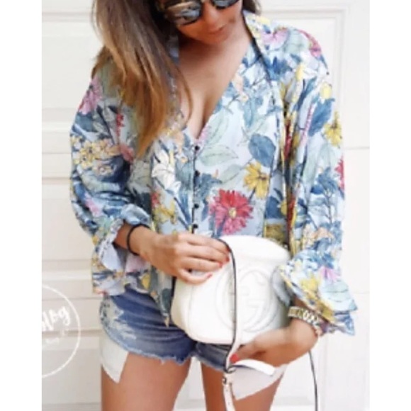 ZARA Basic Collection Green Floral Bow Blouse - Picture 5 of 9